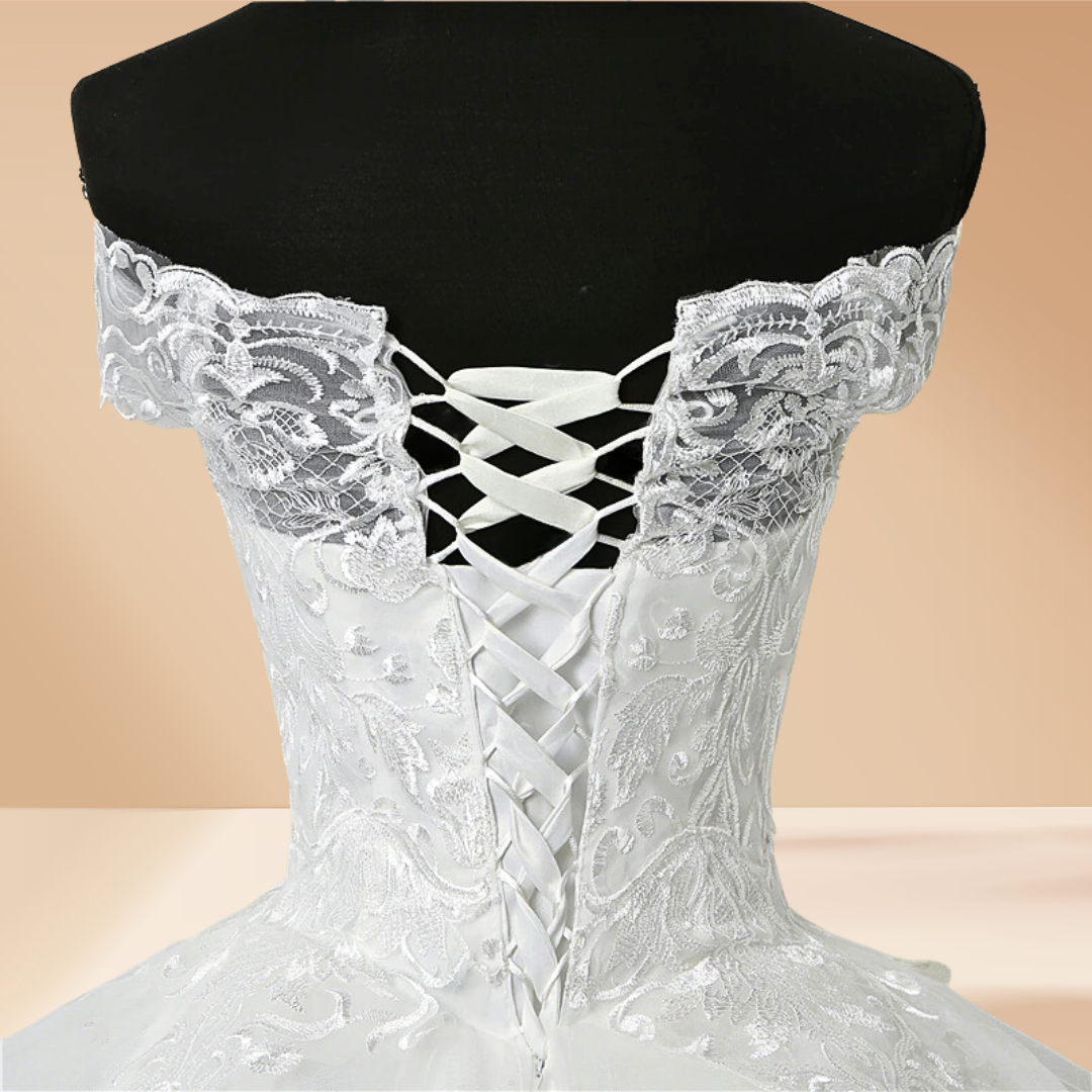 GownLink's Graceful Glamour Off-Shoulder Train Gown for Christian and Catholic Weddings GLQD09T