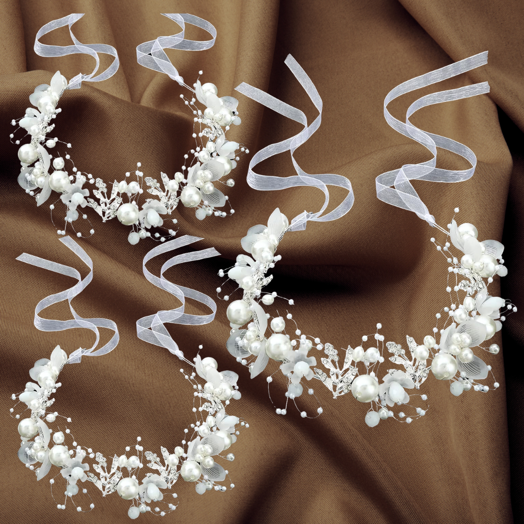 GownLink's Breathtaking Silver Elegance Bridal Wreath of Luxurious Pearls and Gilded Leaves W105