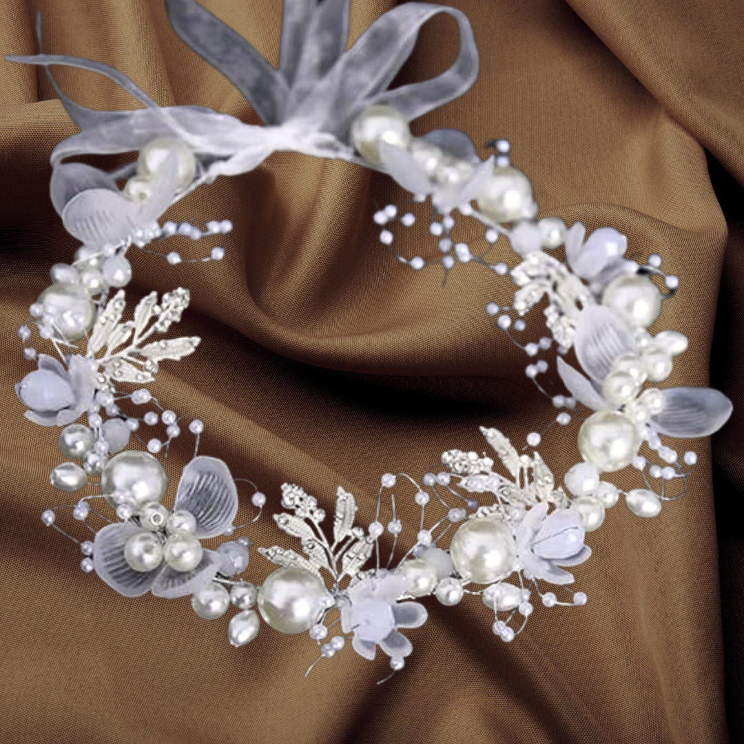 GownLink's Breathtaking Silver Elegance Bridal Wreath of Luxurious Pearls and Gilded Leaves W105