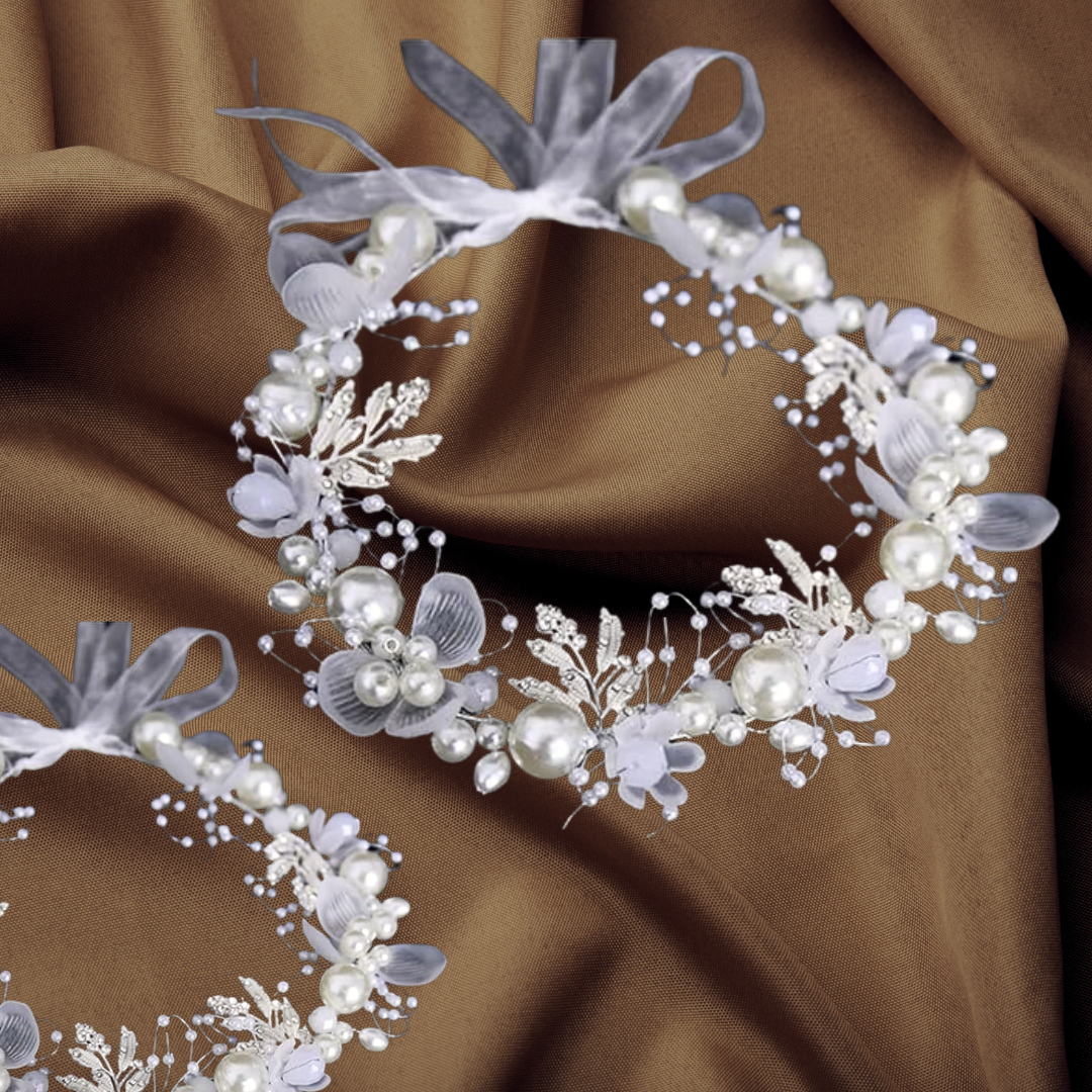 GownLink's Breathtaking Silver Elegance Bridal Wreath of Luxurious Pearls and Gilded Leaves W105
