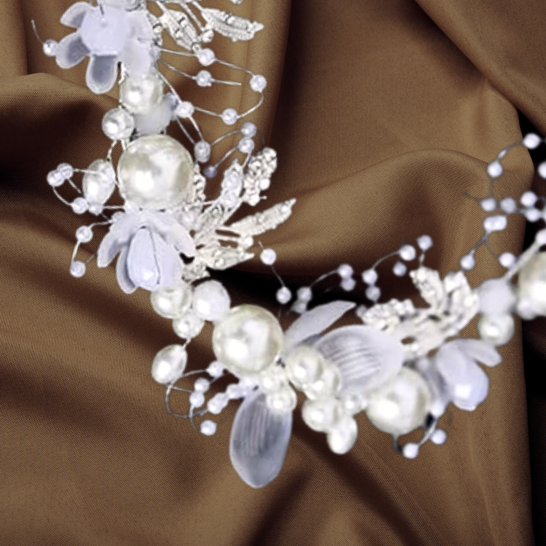 GownLink's Breathtaking Silver Elegance Bridal Wreath of Luxurious Pearls and Gilded Leaves W105