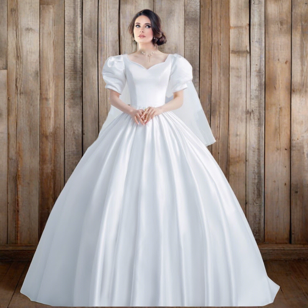 GownLink White Satin Ball Gown for Christian Catholic Weddings GLHMSB3