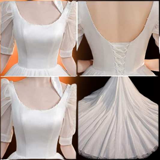 GownLink Luxury White Satin Christian Wedding Train Gown with Lace Applique Bridal Design GLPUFF