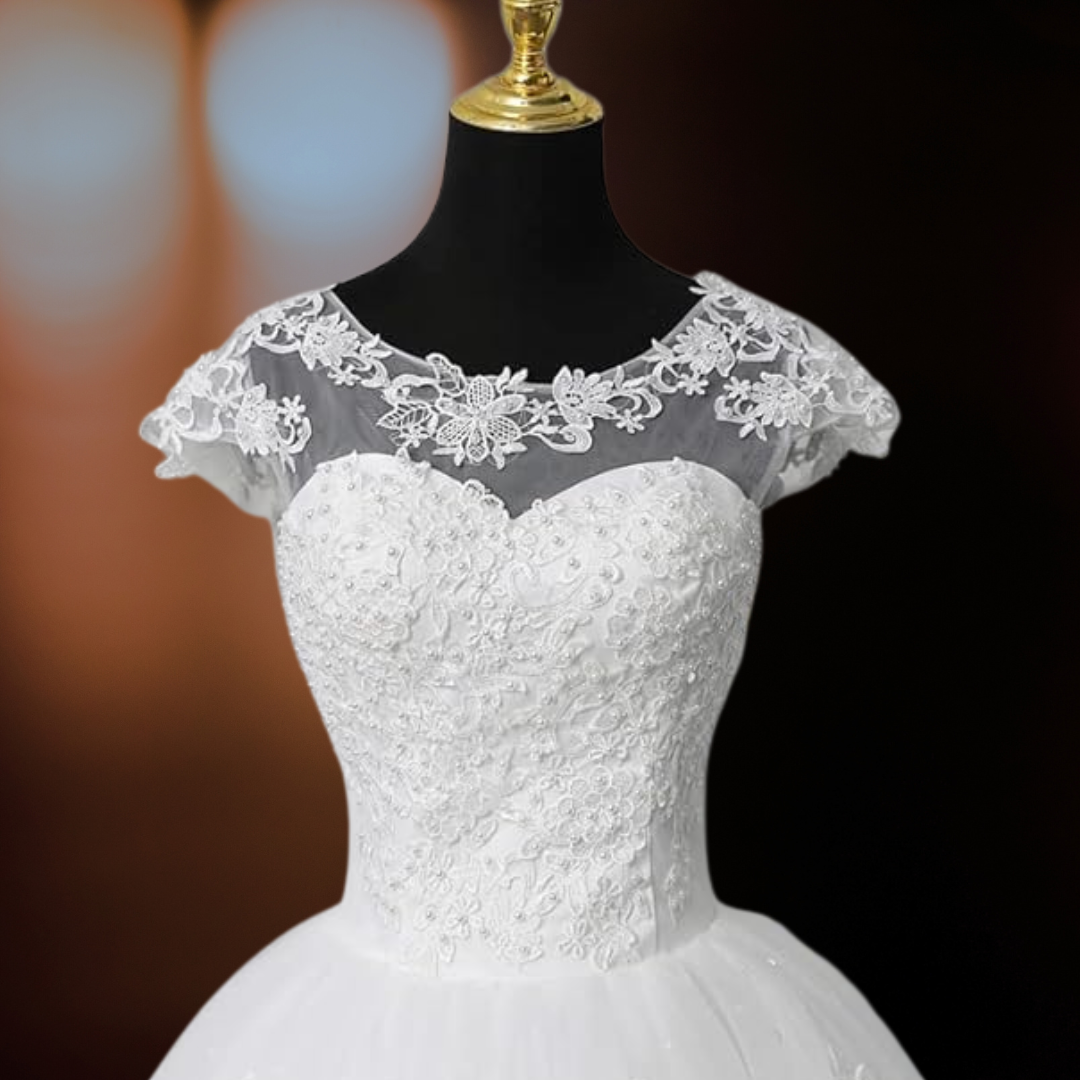 GownLink White Wedding Ball Gown with Round Neck Style GLGFO42LACE