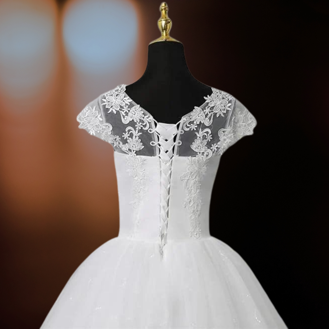 GownLink White Wedding Ball Gown with Round Neck Style GLGFO42LACE