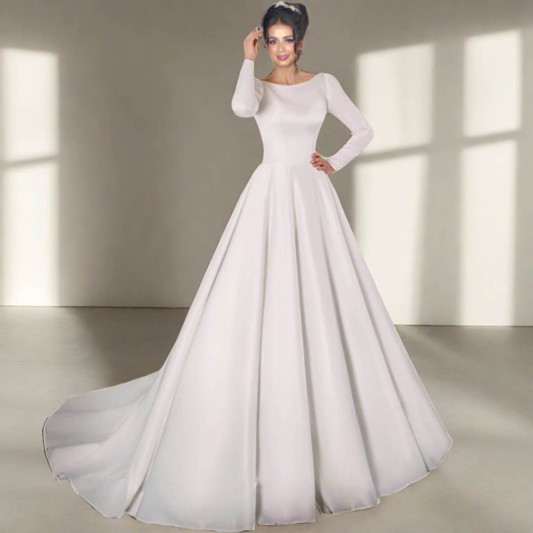 Buy Satin Train Bridal Gown for Christian Catholic Wedding in India