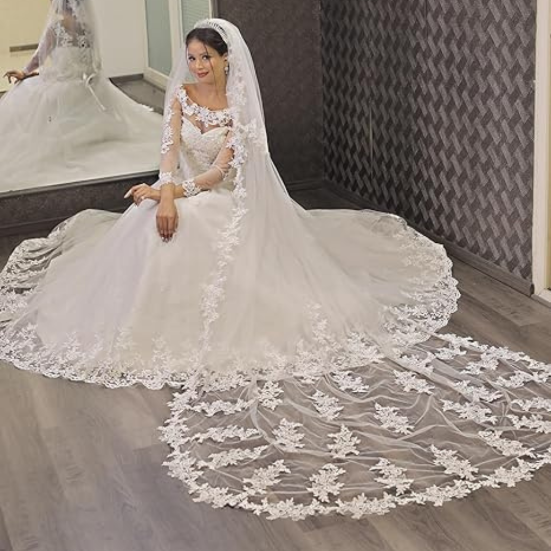 GownLink Wedding Long Cathedral 2 Tier Veil with Lace work GLV-12