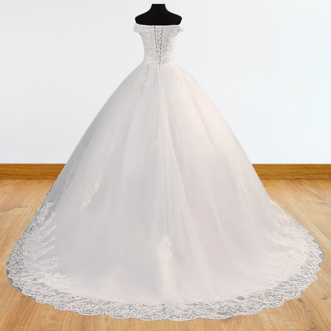 GownLink's Off-Shoulder Train Gown for Christian and Catholic Weddings GLHS14-Off