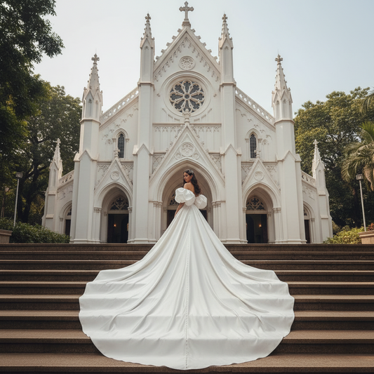 Back view of Bridal Gown Satin with Short Sleeve showing train and closure detail — GownLink GLDJ199