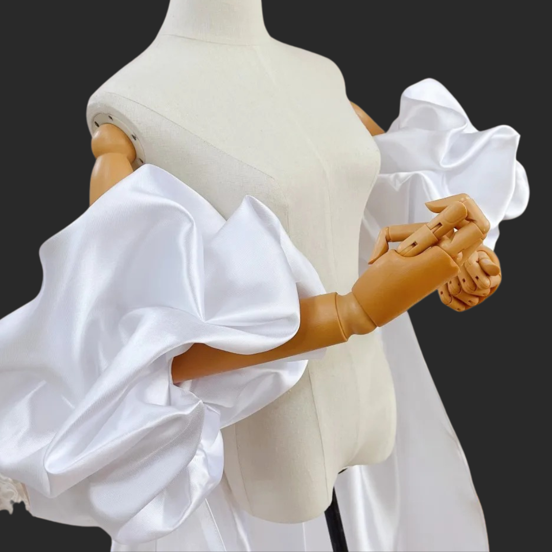 GownLink,s Satin Long Wedding Cape Puffy Short Sleeves Court Tain Evening Cape Outfit Coat For Women GLDJ199 3 meter Coat Length