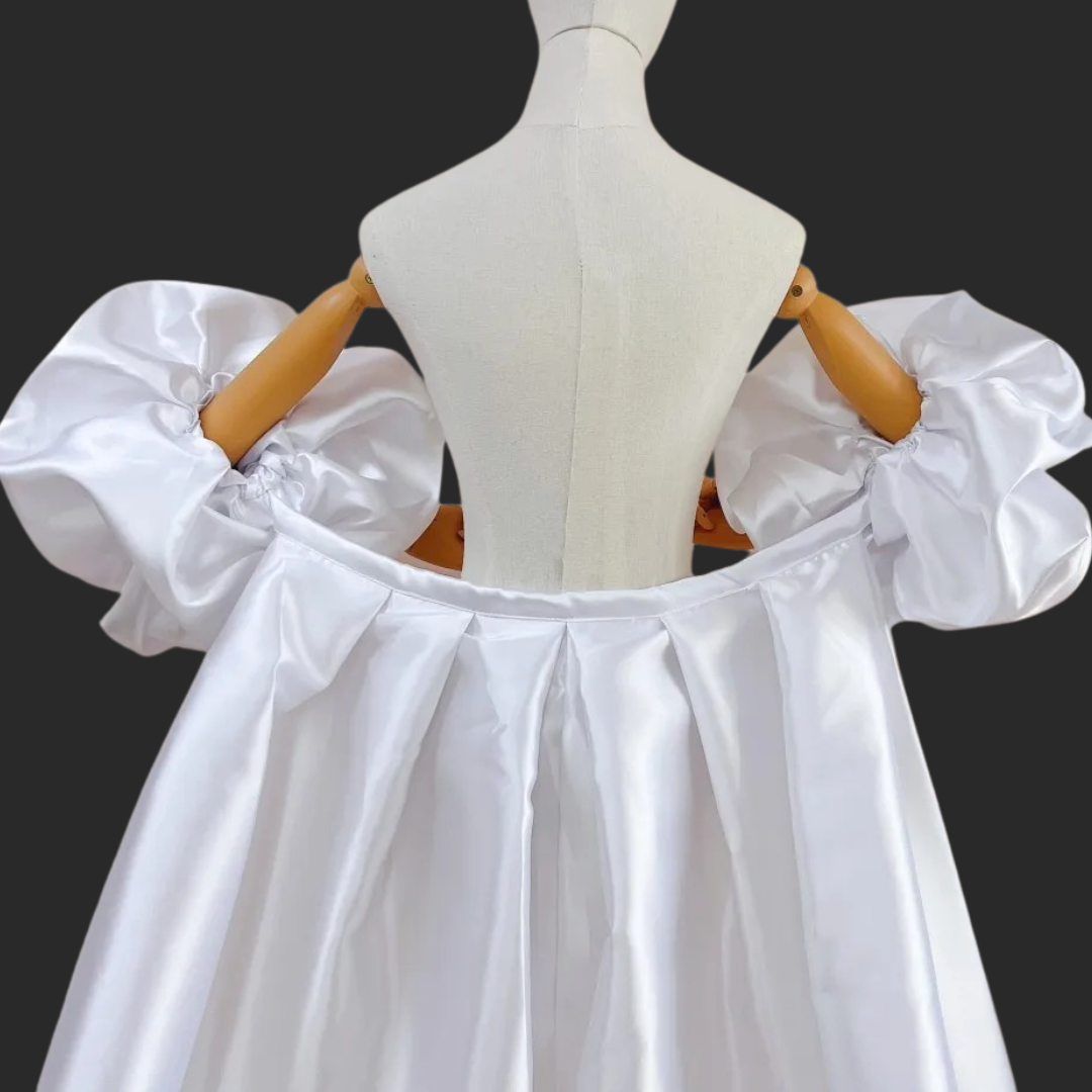 GownLink,s Satin Long Wedding Cape Puffy Short Sleeves Court Tain Evening Cape Outfit Coat For Women GLDJ199 3 meter Coat Length
