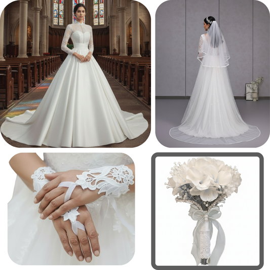 GownLink's White Satin Gown Full Bridal Combo Set of 4 for Christian & Catholic Weddings Combo