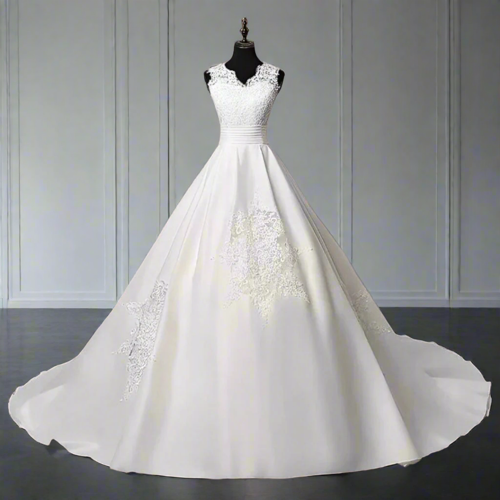 GownLink White Christian & Catholics Wedding Train Satin Dress With Sleeves GLHSD691