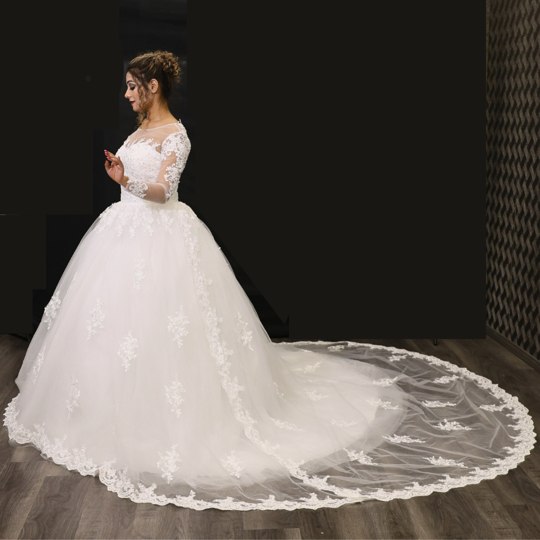 GownLink Stunning Train Gown White Church Wedding Gown with Beaded Lace GLGT009