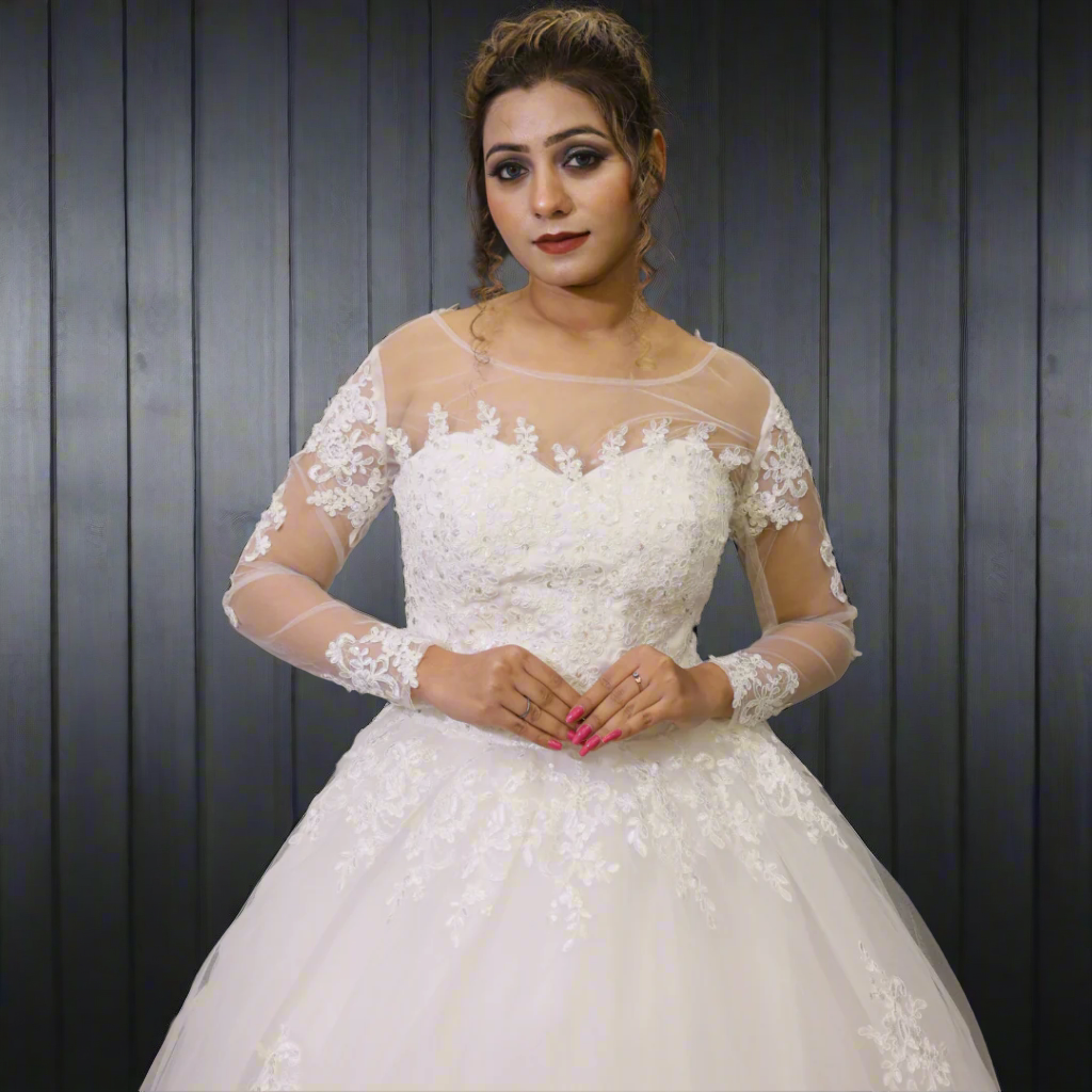 GownLink Stunning Train Gown White Church Wedding Gown with Beaded Lace GLGT009
