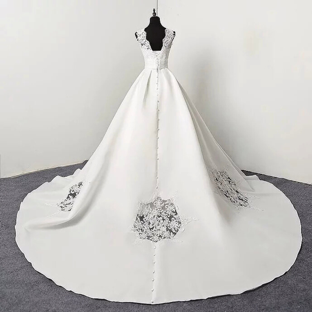 GownLink White Christian & Catholics Wedding Train Satin Dress With Sleeves GLHSD691