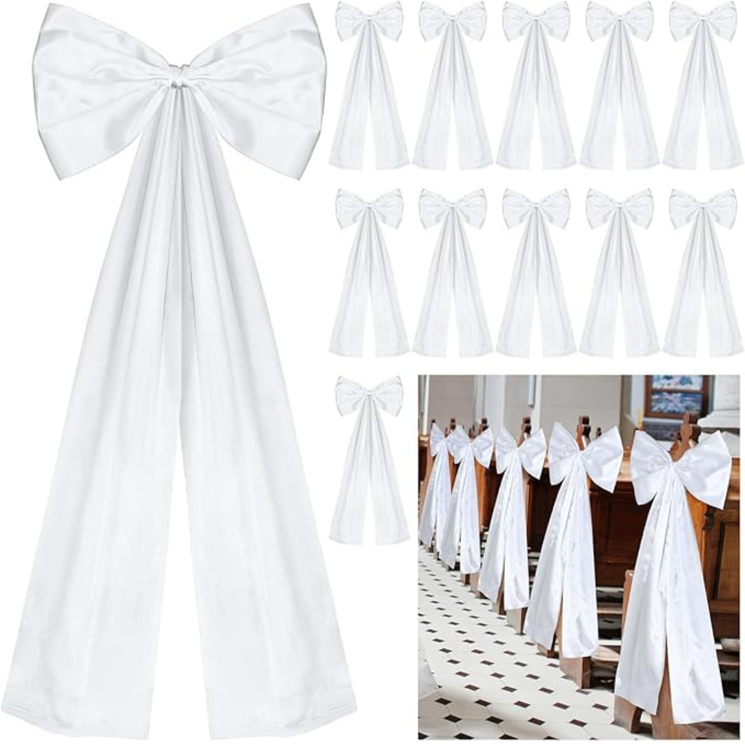GownLink,s Large Wedding Pew Bows with Long Tails 12 x 29.5 Inch Wedding Aisle Decorations Bows Satin Ribbon Background Decor for Bridal Shower Reception Ceremony(White,12 Pcs)