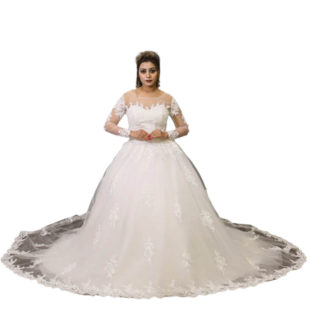 GownLink Stunning Train Gown White Church Wedding Gown with Beaded Lace GLGT009
