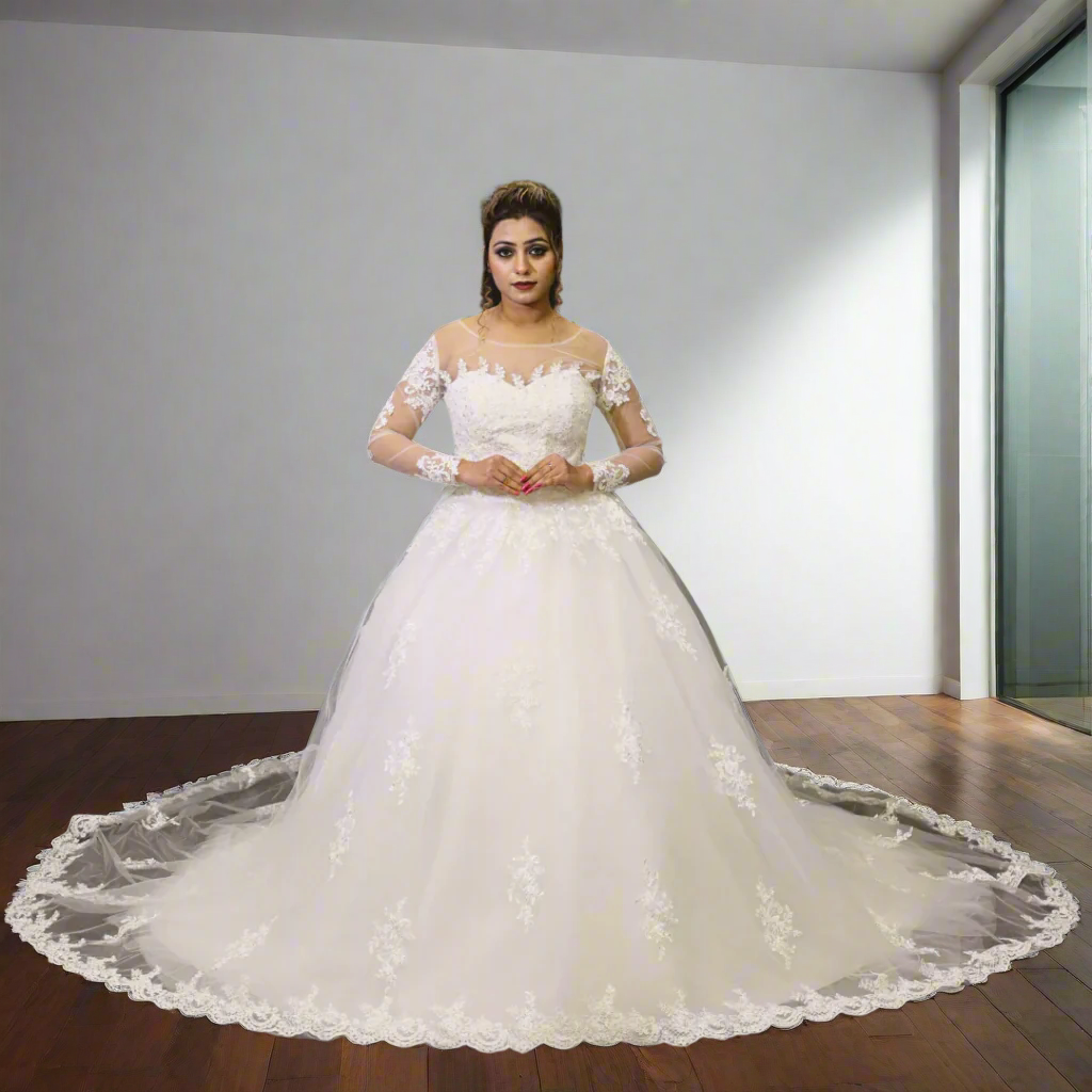GownLink Stunning Train Gown White Church Wedding Gown with Beaded Lace GLGT009