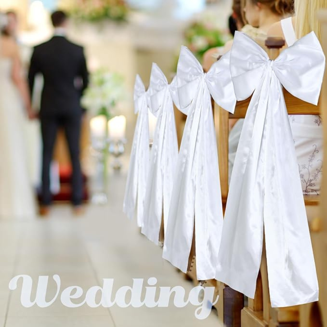 GownLink,s Large Wedding Pew Bows with Long Tails 12 x 29.5 Inch Wedding Aisle Decorations Bows Satin Ribbon Background Decor for Bridal Shower Reception Ceremony(White,12 Pcs)