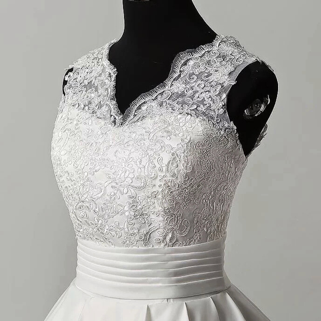 GownLink White Christian & Catholics Wedding Train Satin Dress With Sleeves GLHSD691