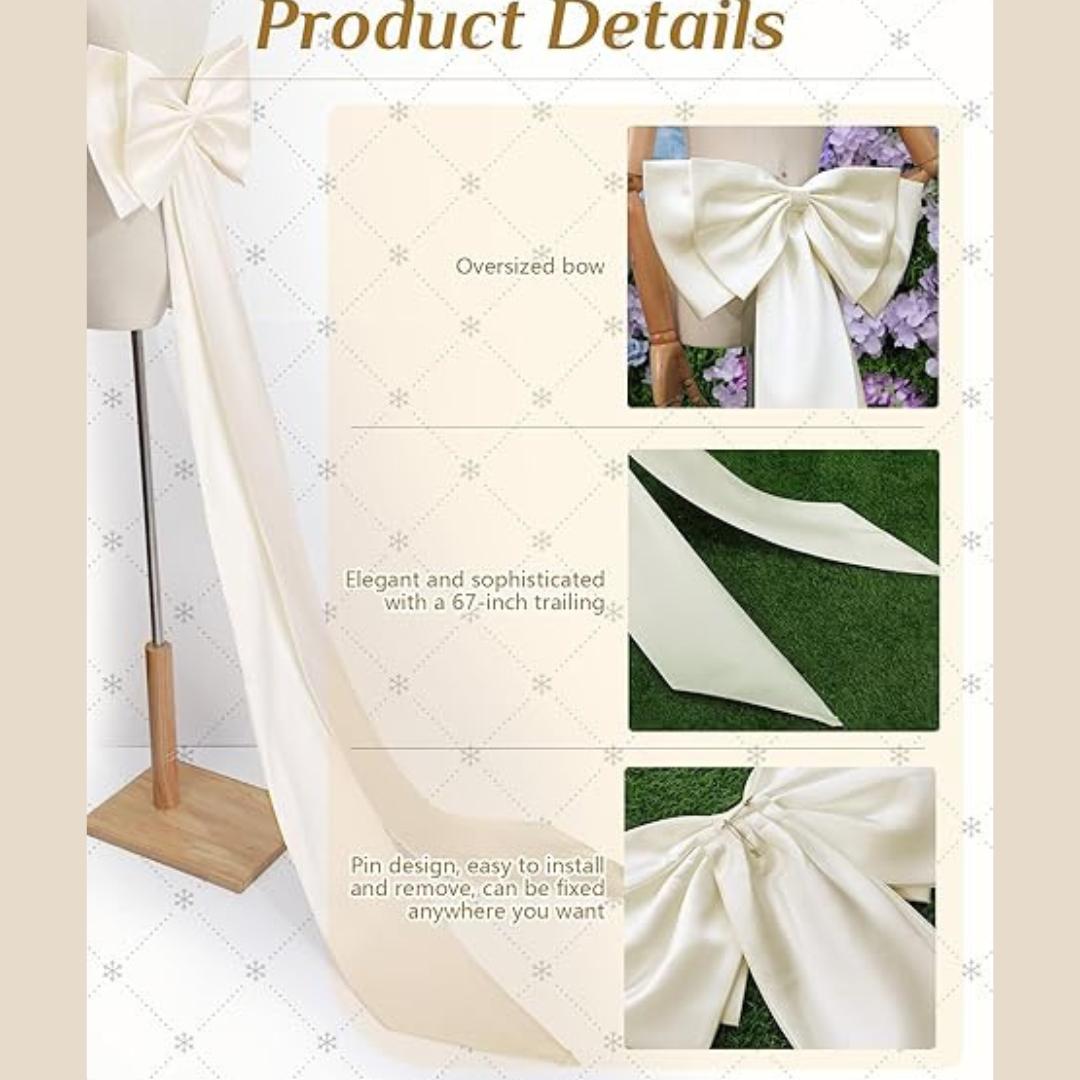 Gowlink,s Chuarry Extra Long 67" Satin Big Bow Detachable Train Removable Sweep Train Waist Sash Belt for Bride Formal Wedding Dress