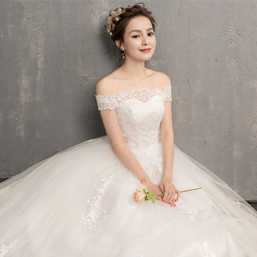 GownLink White Wedding Ball Gown with Off-the-Shoulder Neckline GLQD09