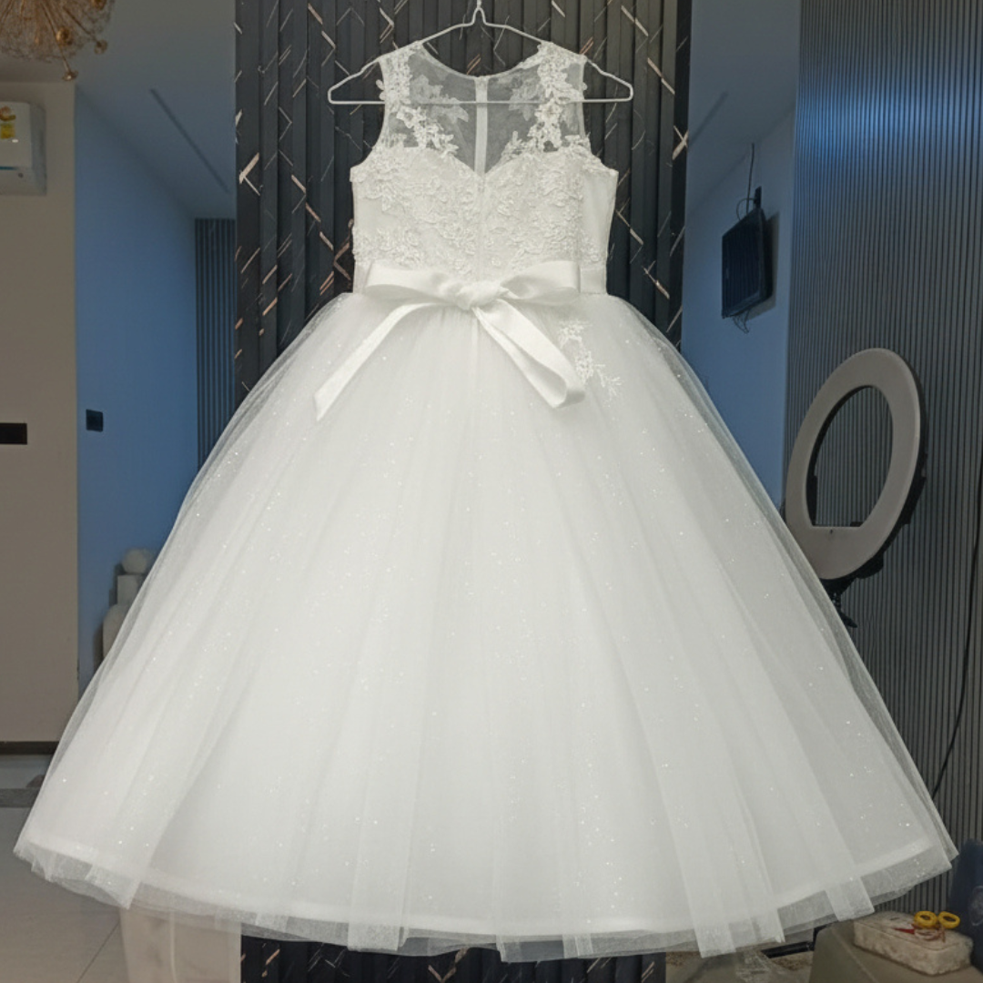 Close-up of lace and bead detail on First Communion Dress — GownLink COPY