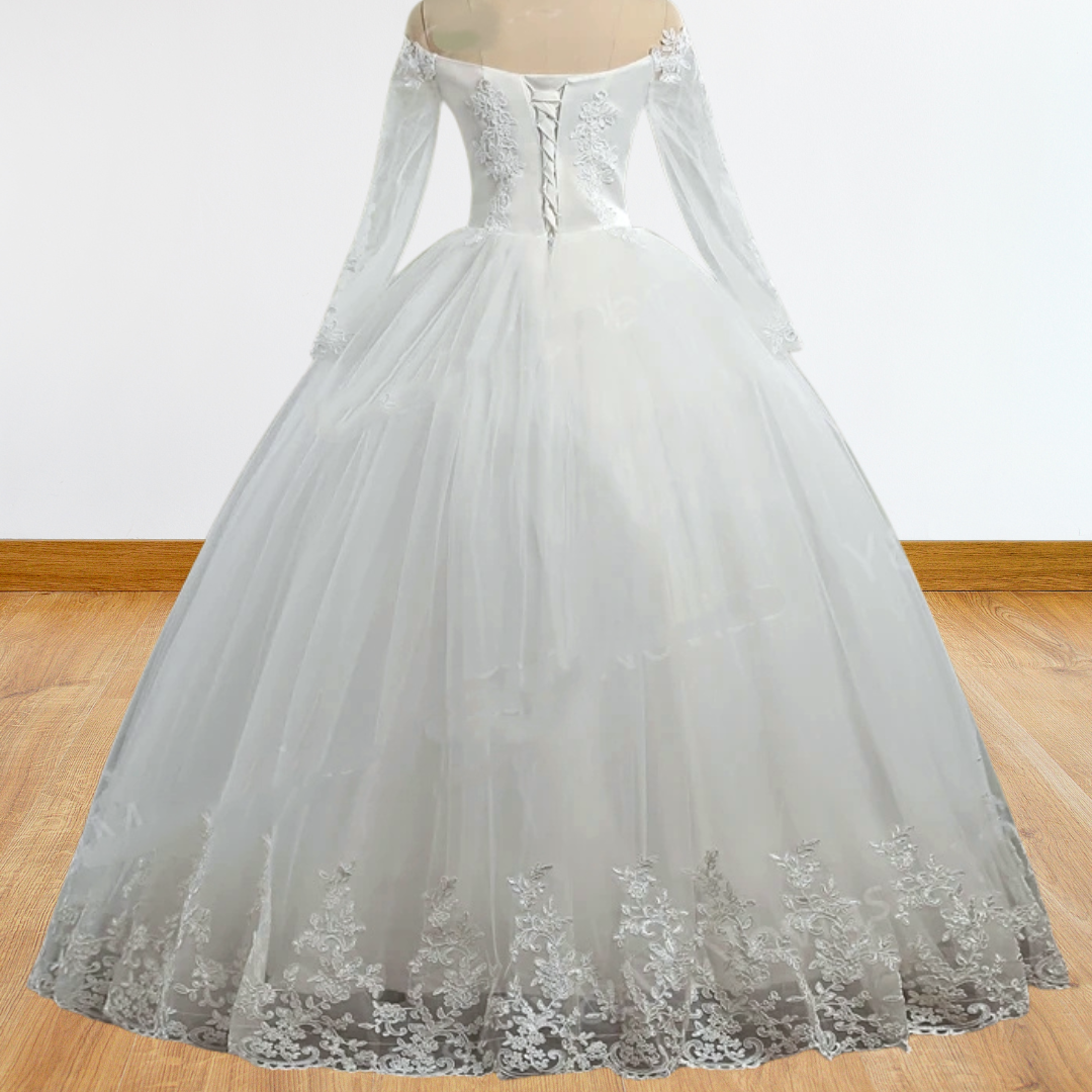 GownLink's Off-Shoulder Train Gown for Christian and Catholic Weddings GLGFKD03