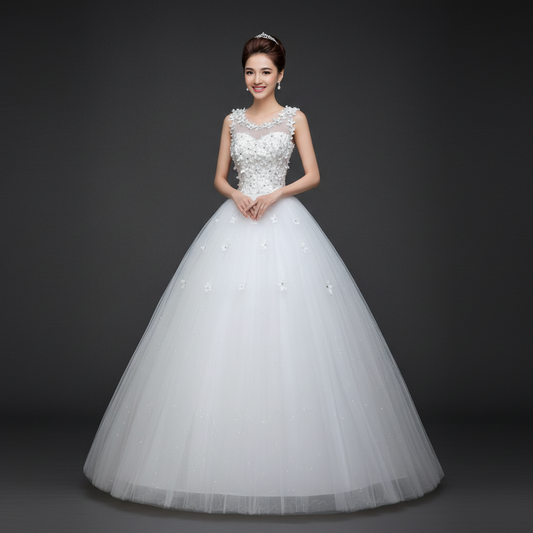 GownLink White Bridal Princess Ball Gown for Christian & Catholic Weddings with Beaded Lace Work GLTH58B