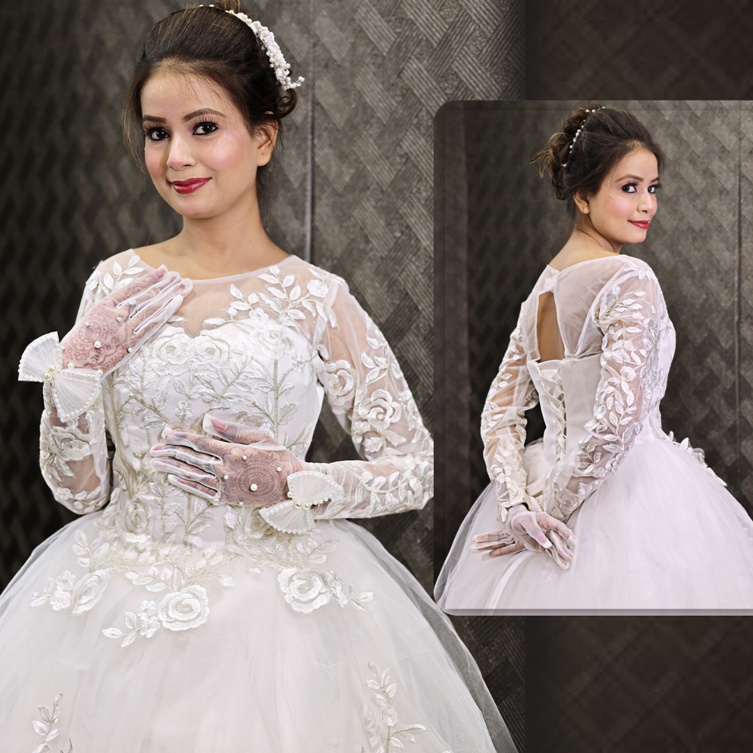 Gownlink White Christian Wedding Ball Gown with Lace Appliques Full Sleeves GLGF038