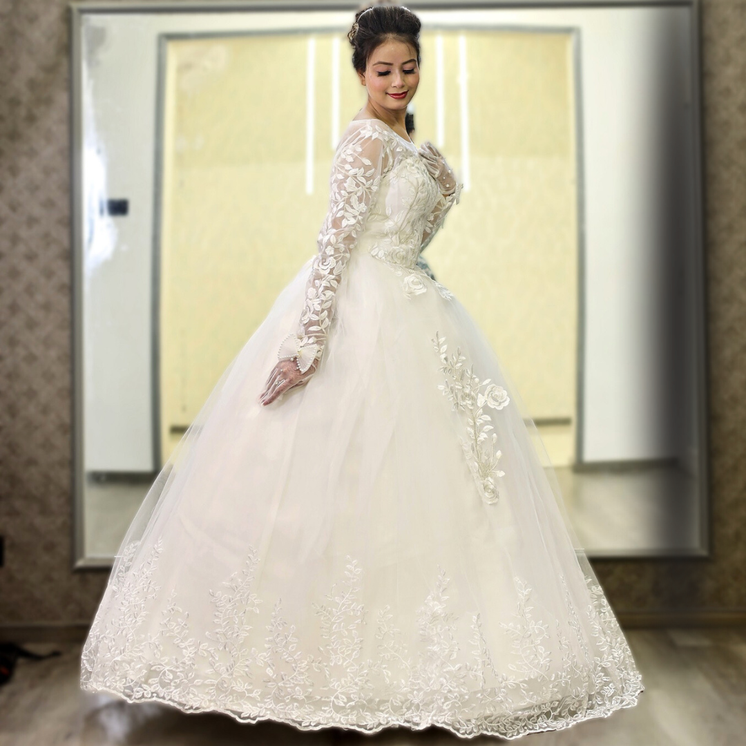 Gownlink White Christian Wedding Ball Gown with Lace Appliques Full Sleeves GLGF038
