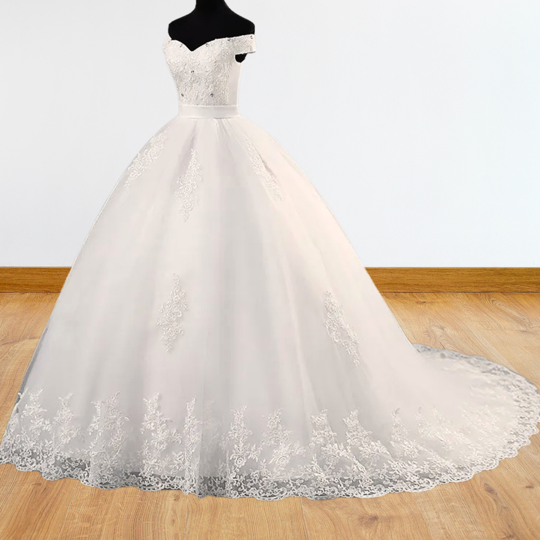 GownLink's Off-Shoulder Train Gown for Christian and Catholic Weddings GLHS14-Off