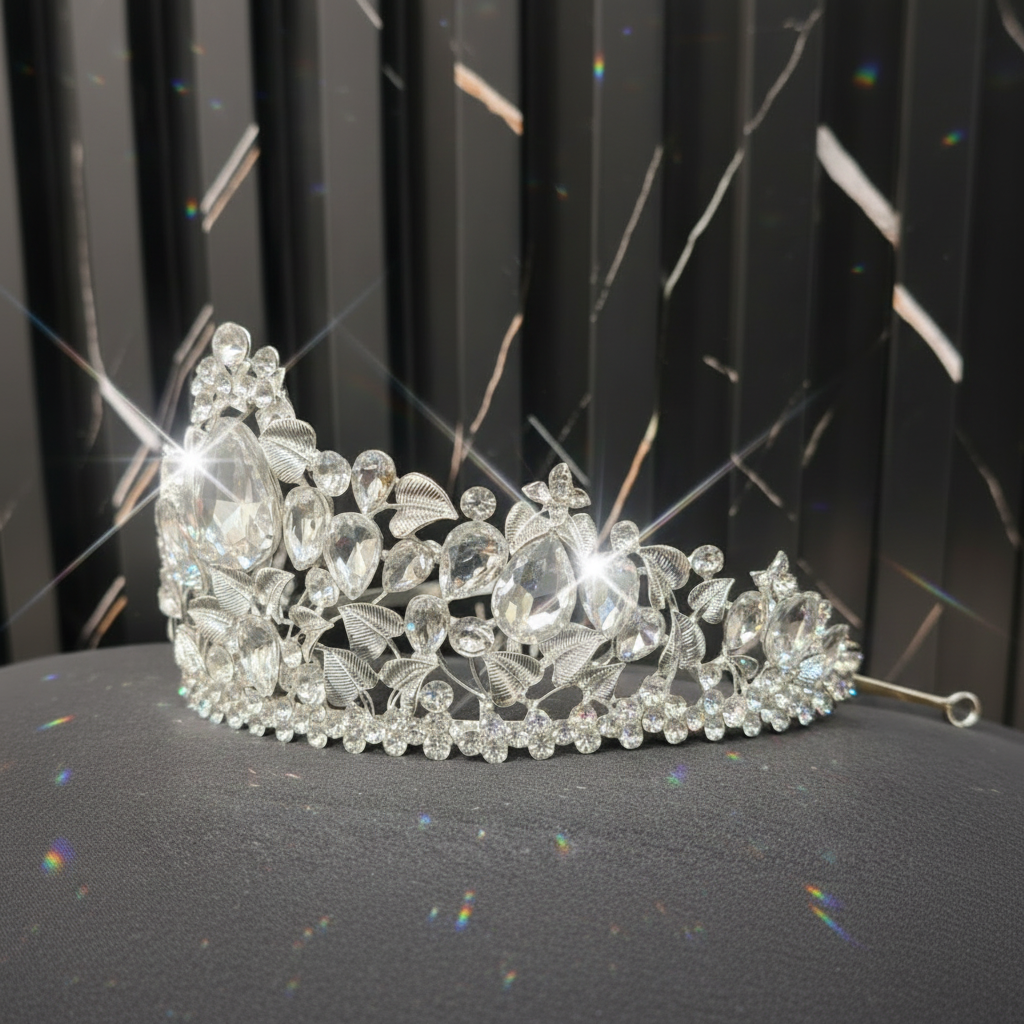 Close-up of leaf and floral detail on Bridal Crown — GownLink C-37