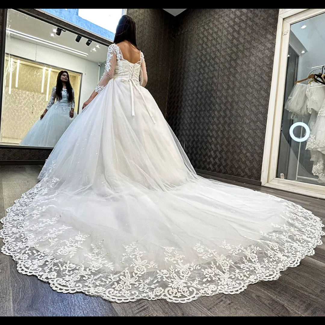 GownLink Christian and Catholic Bridal White Wedding Train Dress With Sleeves Covered GLHSD189TC