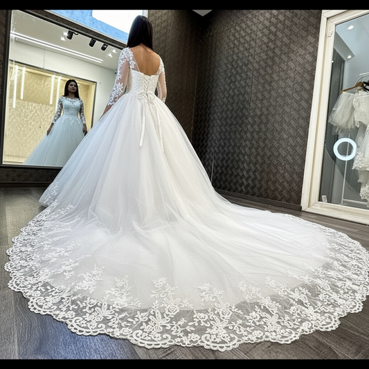 GownLink Christian & Catholic Bridal White Wedding Gown with Long Train, Full Sleeves & Modest Covered Church Bridal Dress – GLHSD189TC