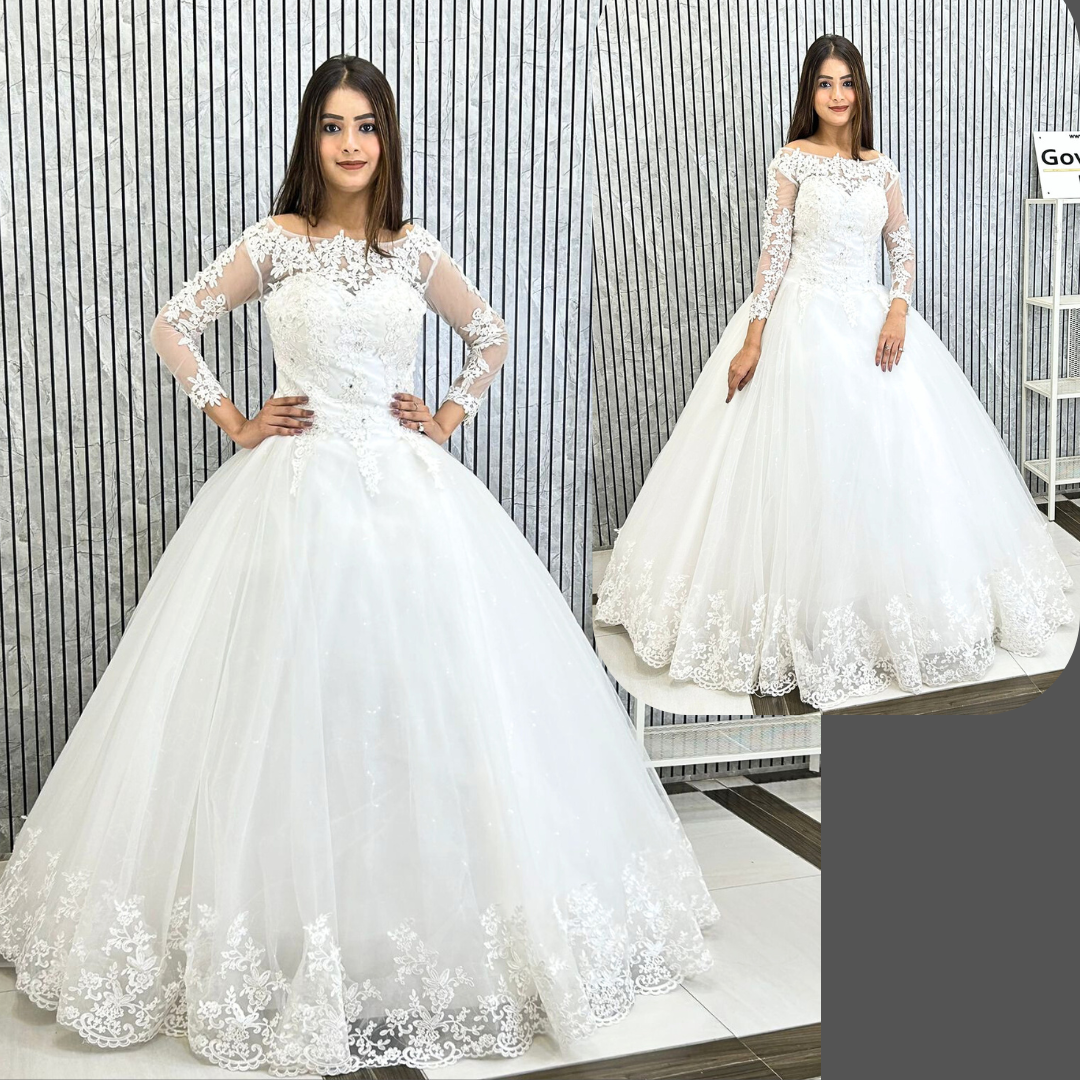 GownLink Christian and Catholic Bridal White Wedding Train Dress With Sleeves Covered GLHSD189TC