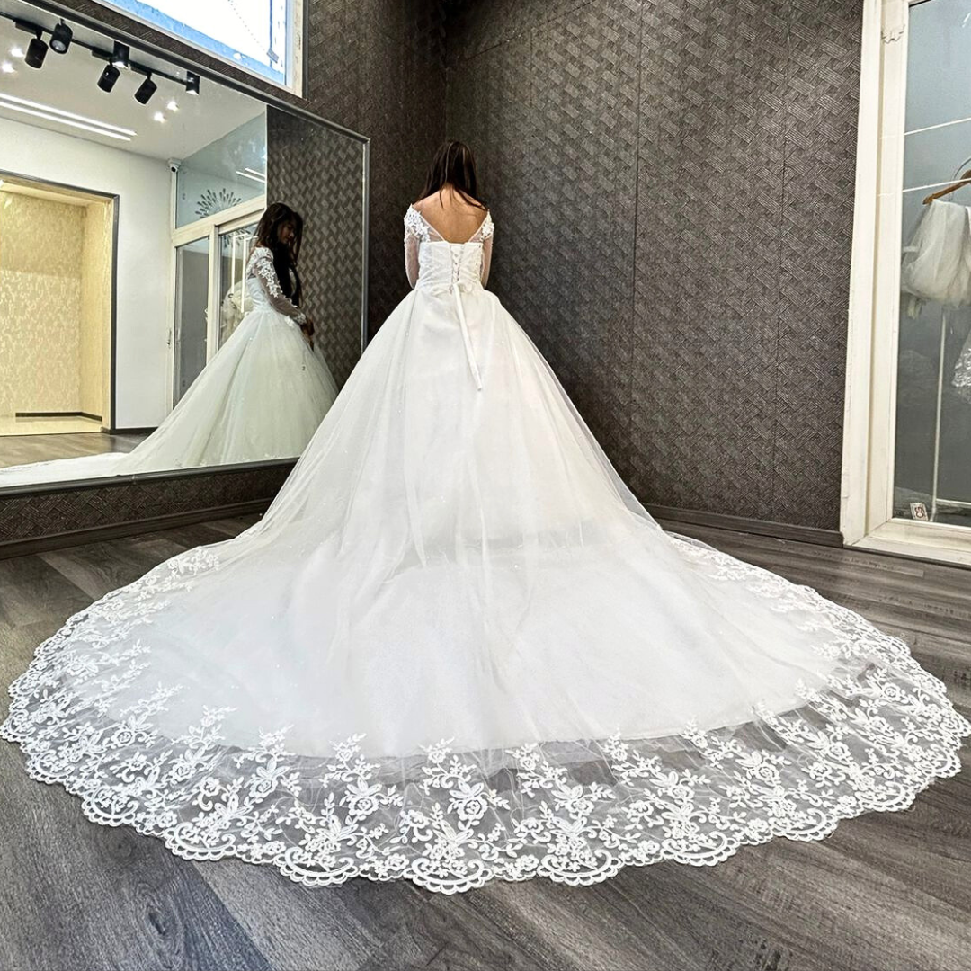 GownLink Christian and Catholic Bridal White Wedding Train Dress With Sleeves Covered GLHSD189TC
