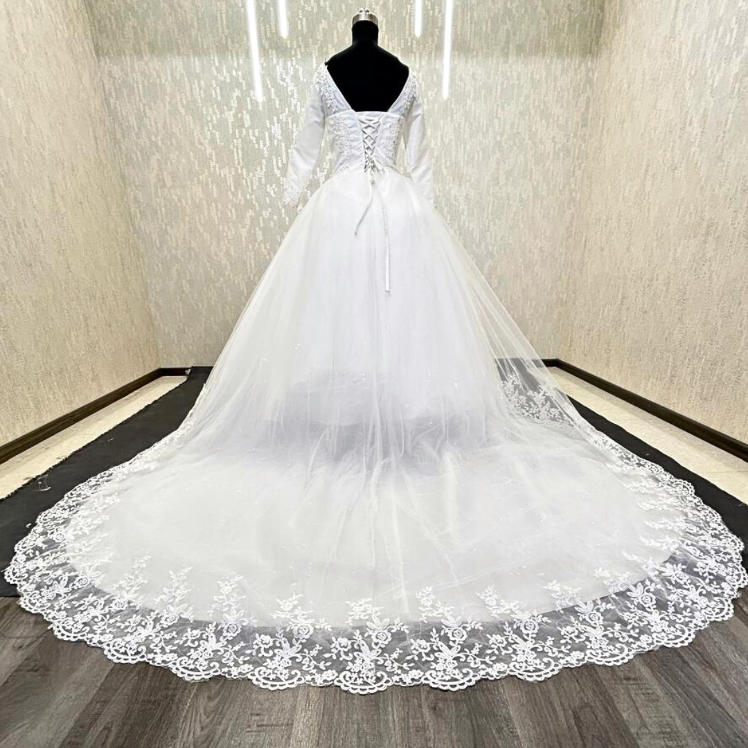 GownLink Christian and Catholic Bridal White Wedding Train Dress With Sleeves Covered GLHSD189TC