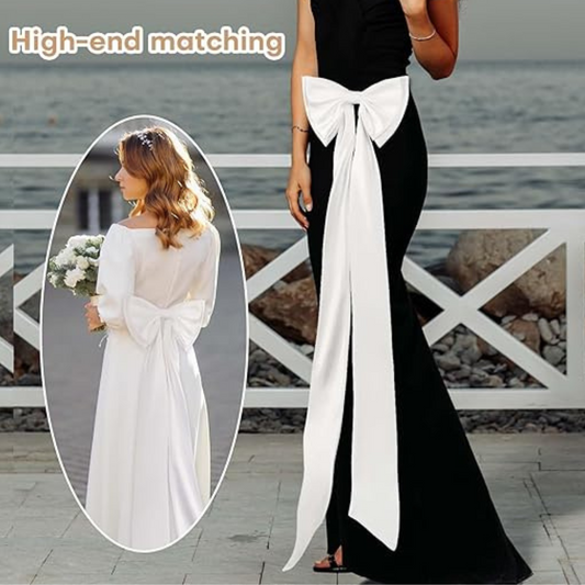 GownLink,s Detachable Satin Bow Train – 59" Long Elegant Big Bow Belt for Wedding, Prom, Evening Dresses or Costume Wear (White)