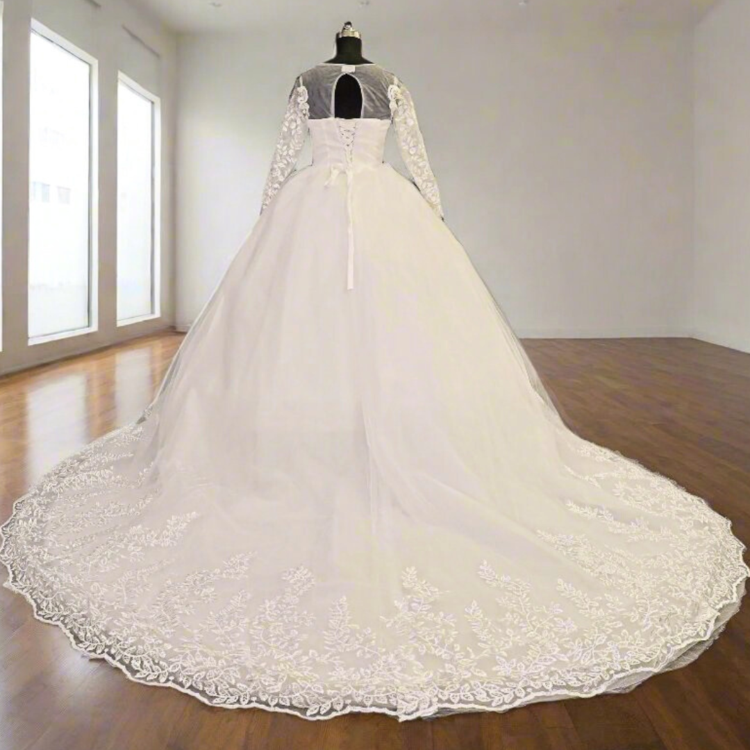 Gownlink White Christian Wedding Train Gown with Lace Appliques GLGF038
