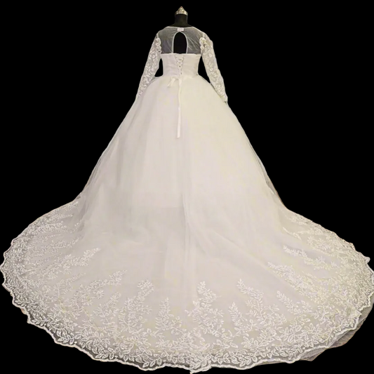 GownLink White Christian Wedding Train Gown for Catholic Brides with Lace Appliques, Elegant Church Bridal Gown-GLGF038T