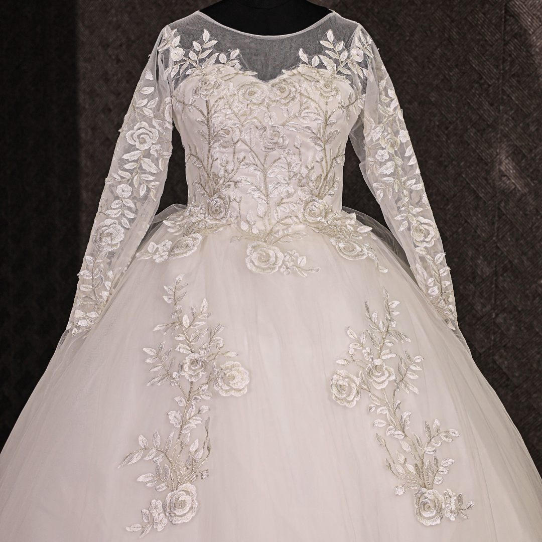 Gownlink White Christian Wedding Train Gown with Lace Appliques GLGF038