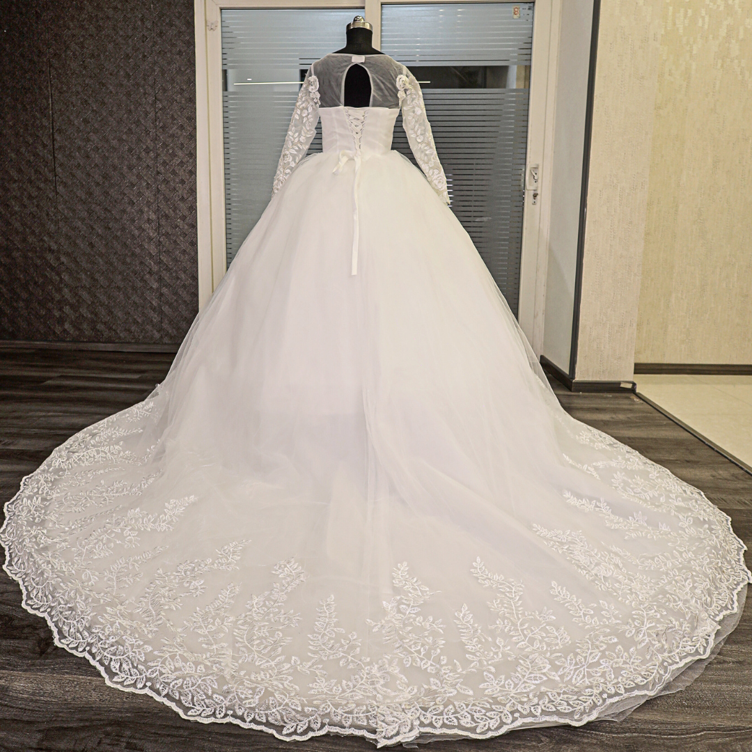 Gownlink White Christian Wedding Train Gown with Lace Appliques GLGF038