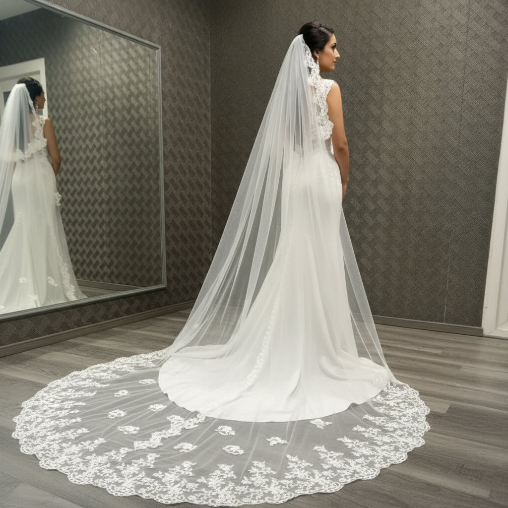 veil Lace Cathedral Wedding Veil, One Tier Lace Applique Bridal Veil Bihar