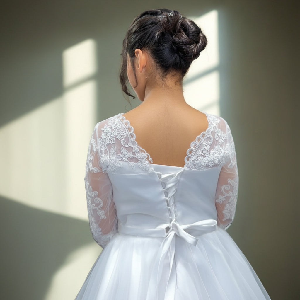 Full-length view of First Communion Dress with train spread β GownLink HLC8