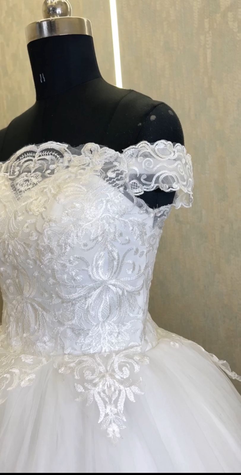 GownLink's Graceful Glamour Off-Shoulder Train Gown for Christian and Catholic Weddings GLQD09T