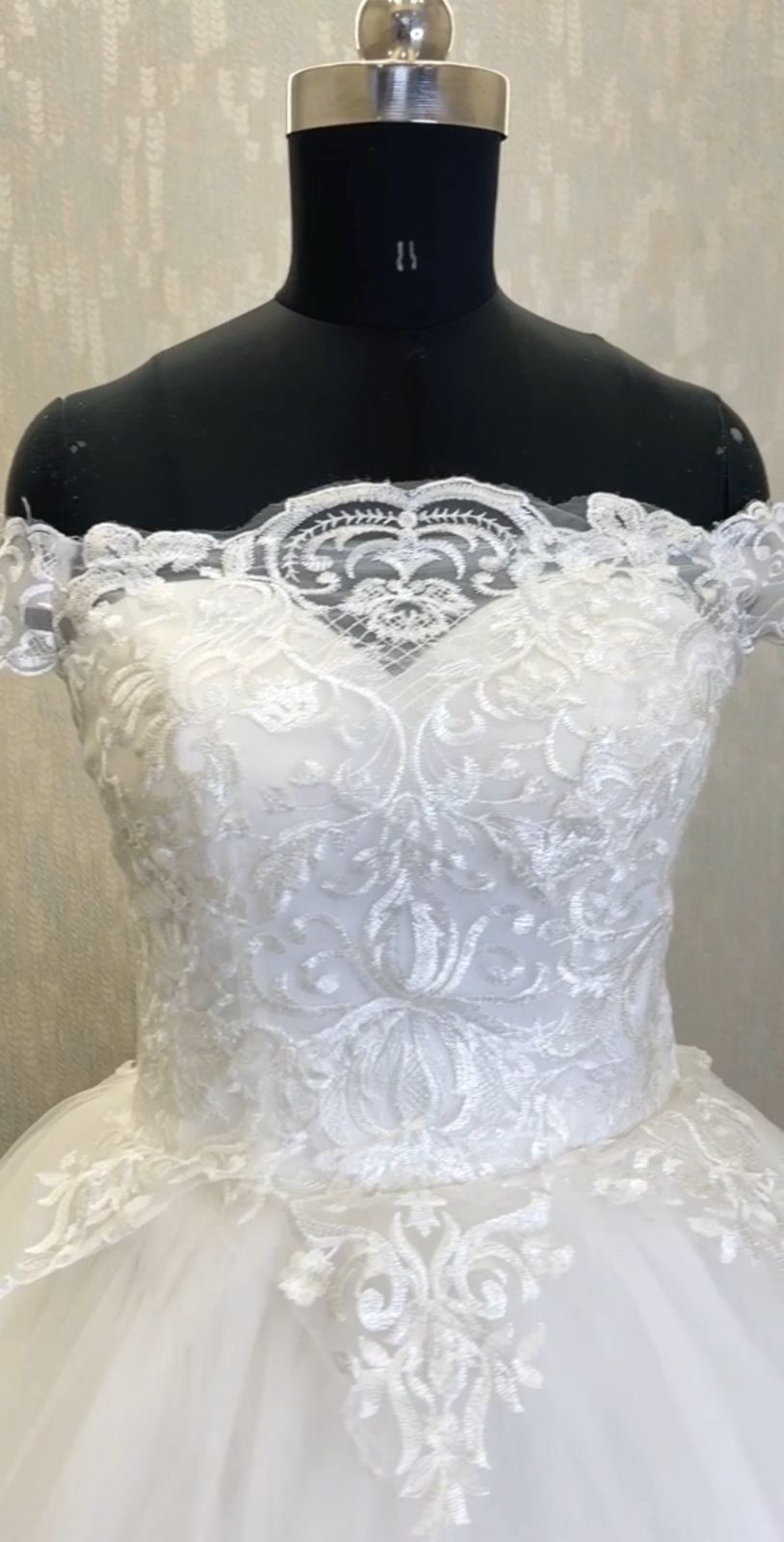 GownLink's Graceful Glamour Off-Shoulder Train Gown for Christian and Catholic Weddings GLQD09T