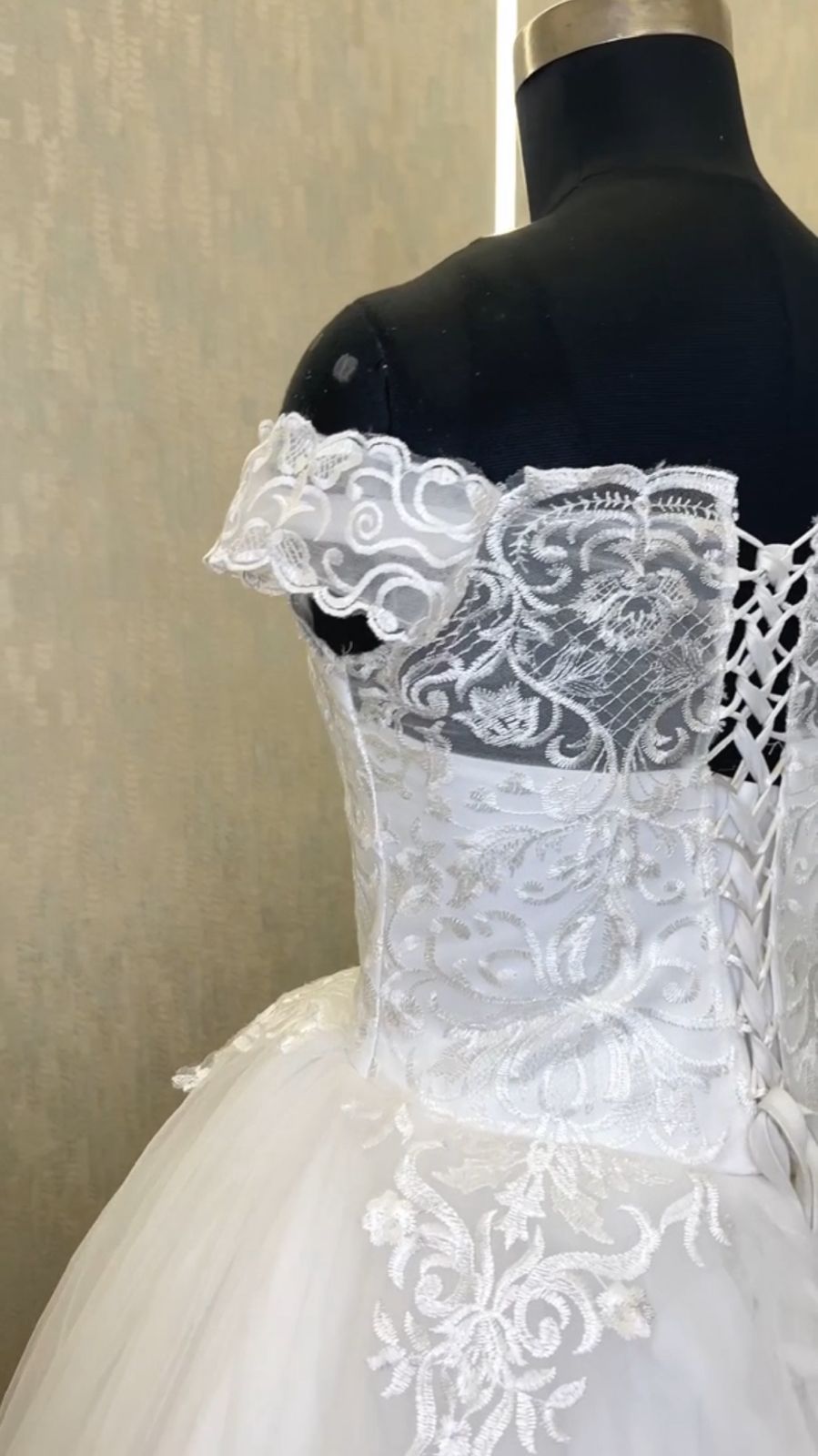 GownLink's Graceful Glamour Off-Shoulder Train Gown for Christian and Catholic Weddings GLQD09T