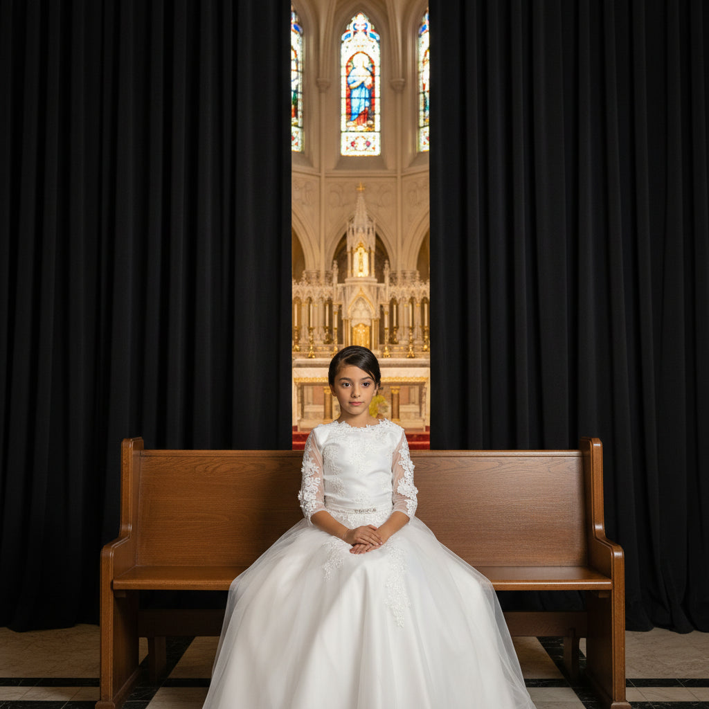 Back view of First Communion Dress showing train and bow — GownLink HLC5